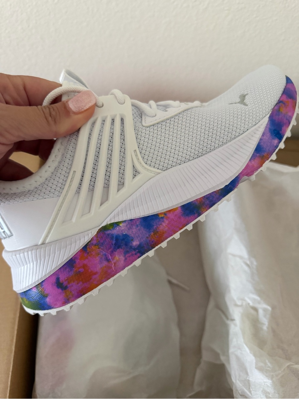 Puma Women's White Athletic Sneaker with Multicolor Patterned Sole